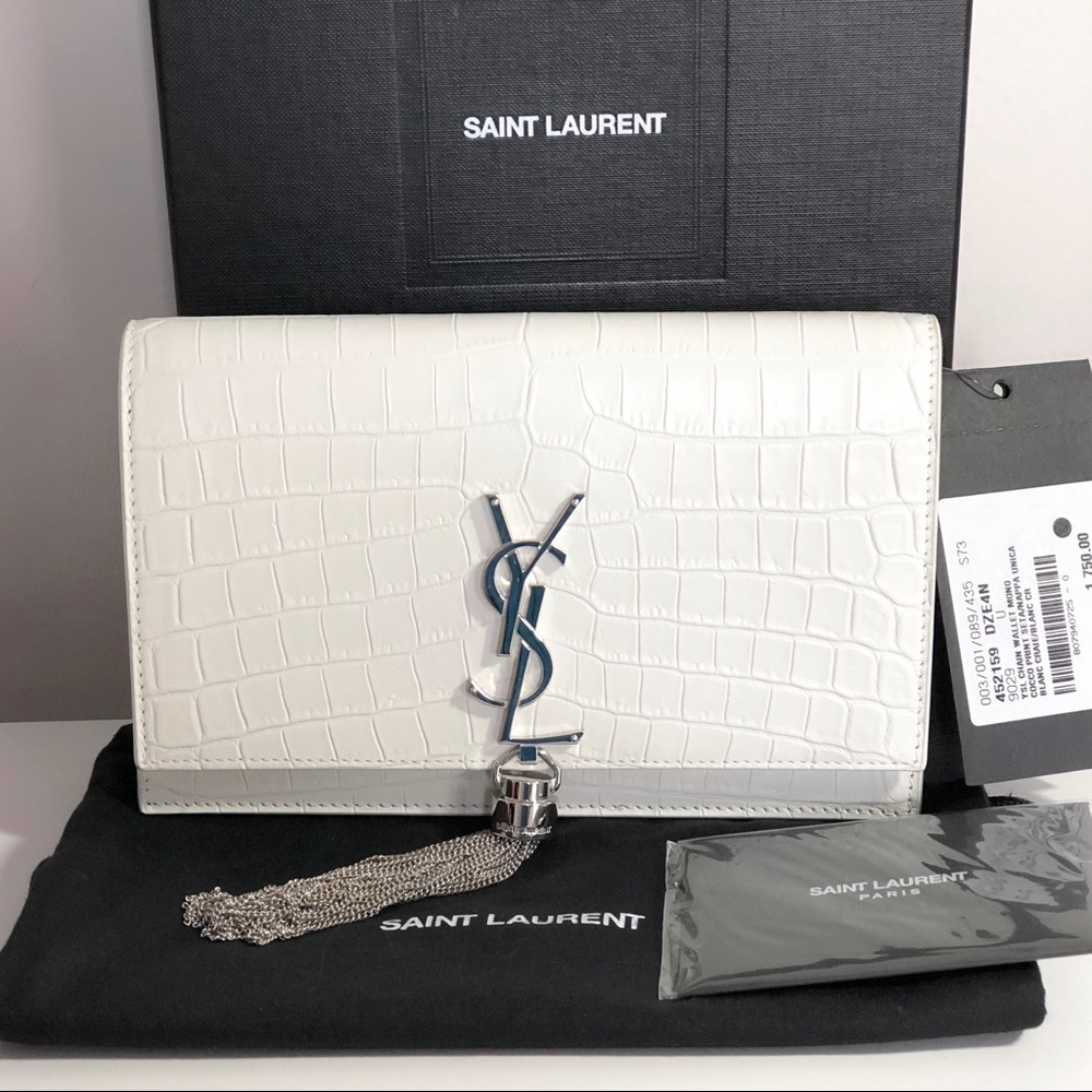 NWT YSL White Matte Crocodile Wallet Crossbody Bag